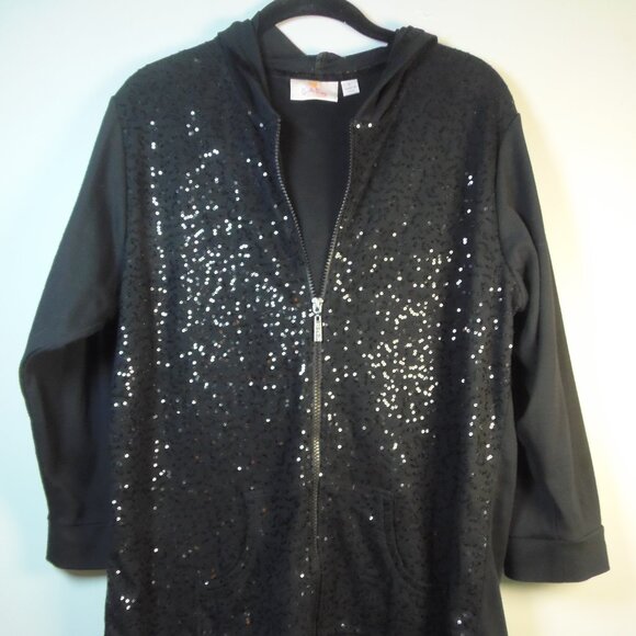 Y2K Quacker Factory Full Zip Hooded Sequin Full Zip Top Long Sleeves & Pockets - Picture 1 of 6